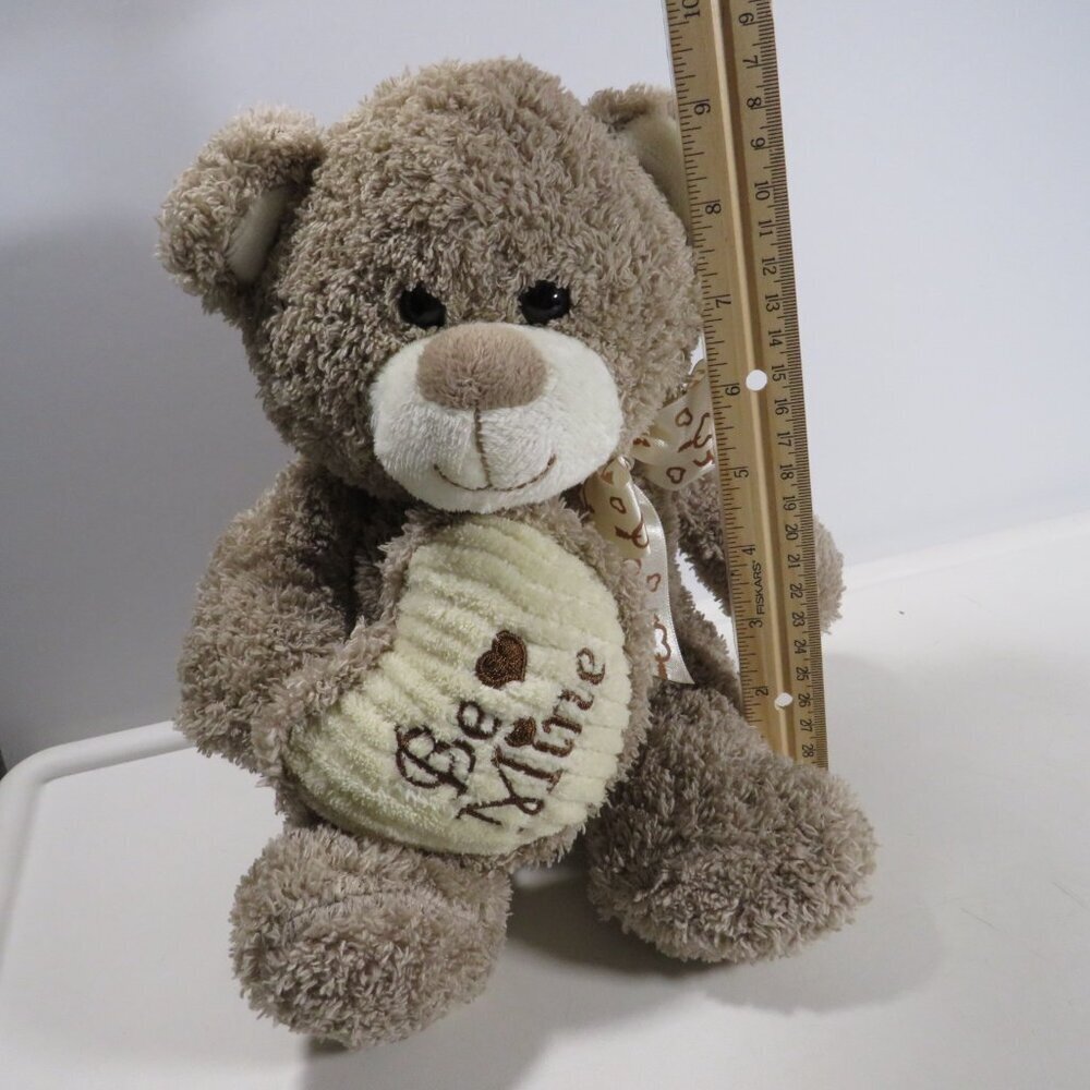 Taupe Teddy Bear with "Be Mine" Heart Terry Cloth type fabric 10" tall